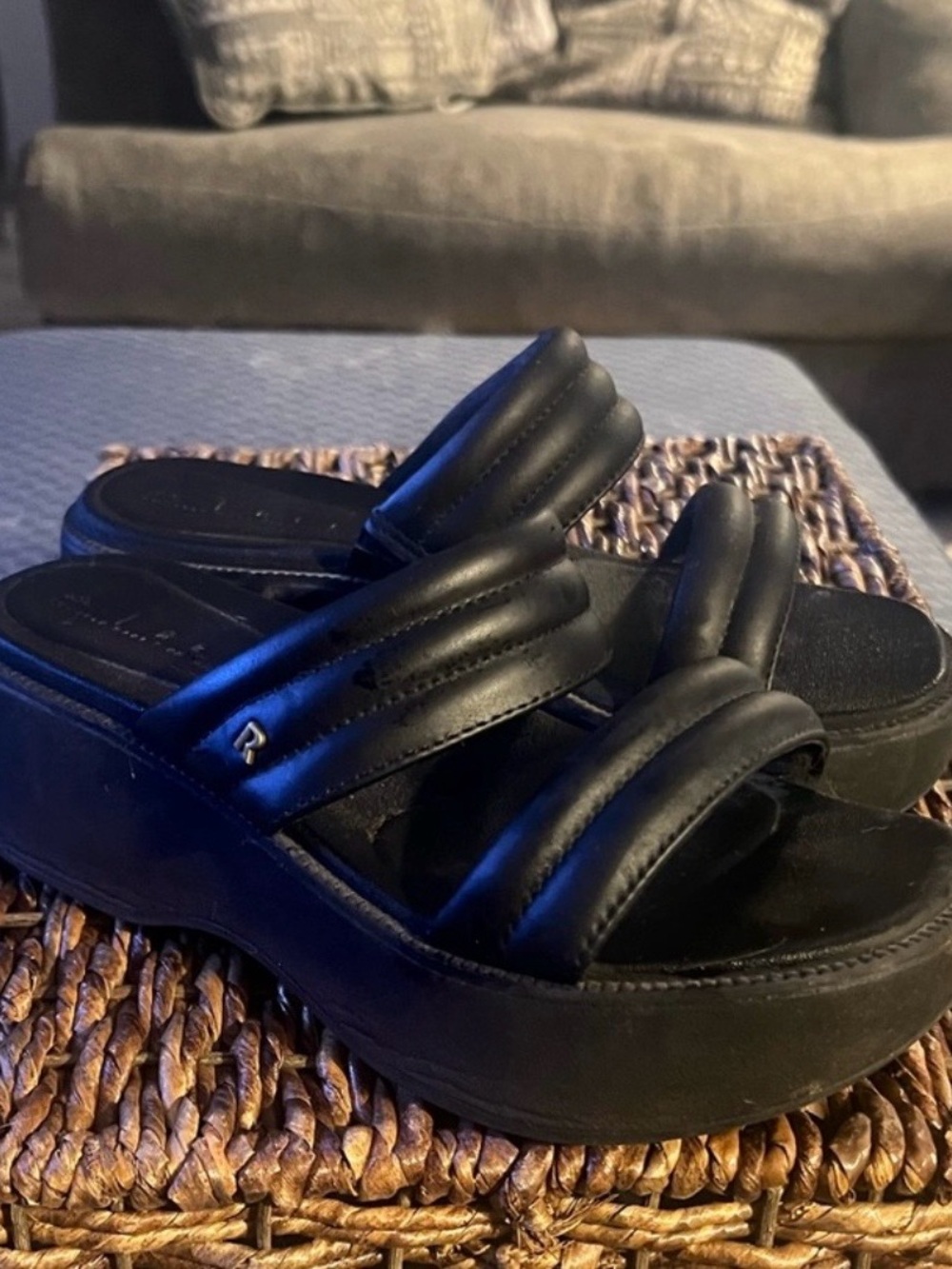 Reef Black Quilted Platform Slide Sandals